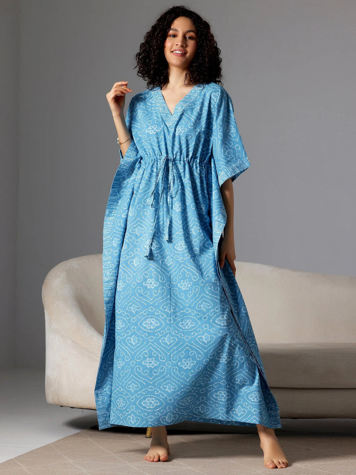 Blue Printed Cotton Kaftan Night Dress - Libas