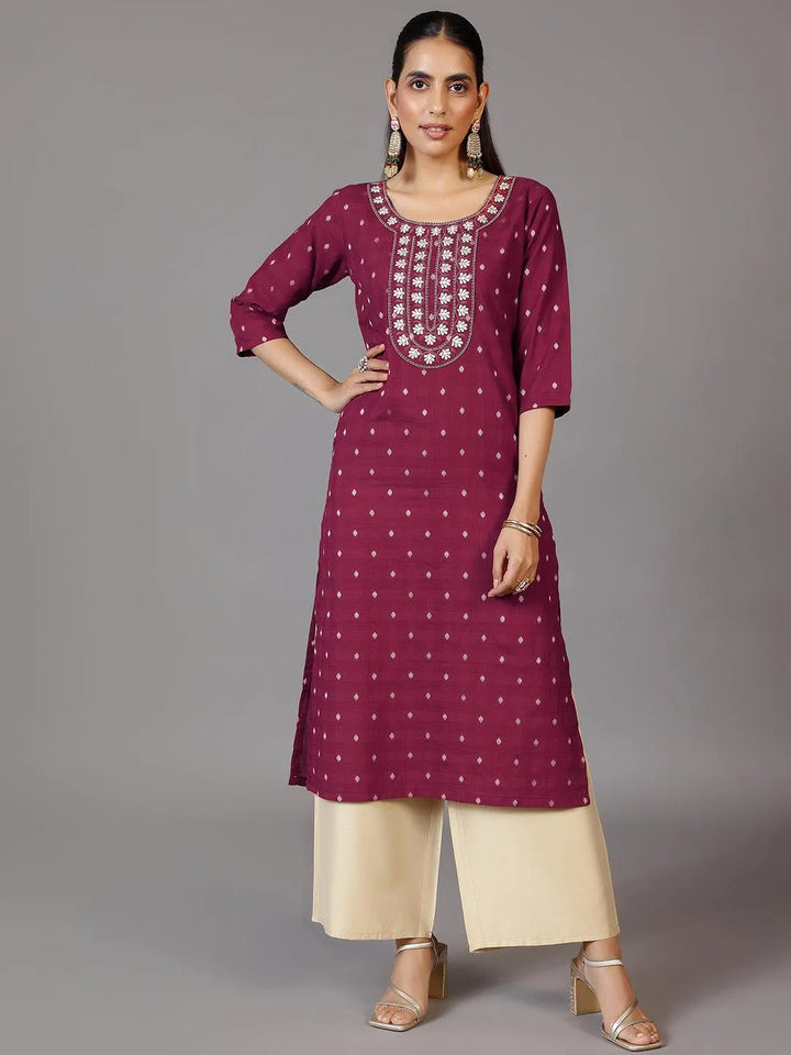 Maroon Embroidered Cotton Straight Kurta - Libas