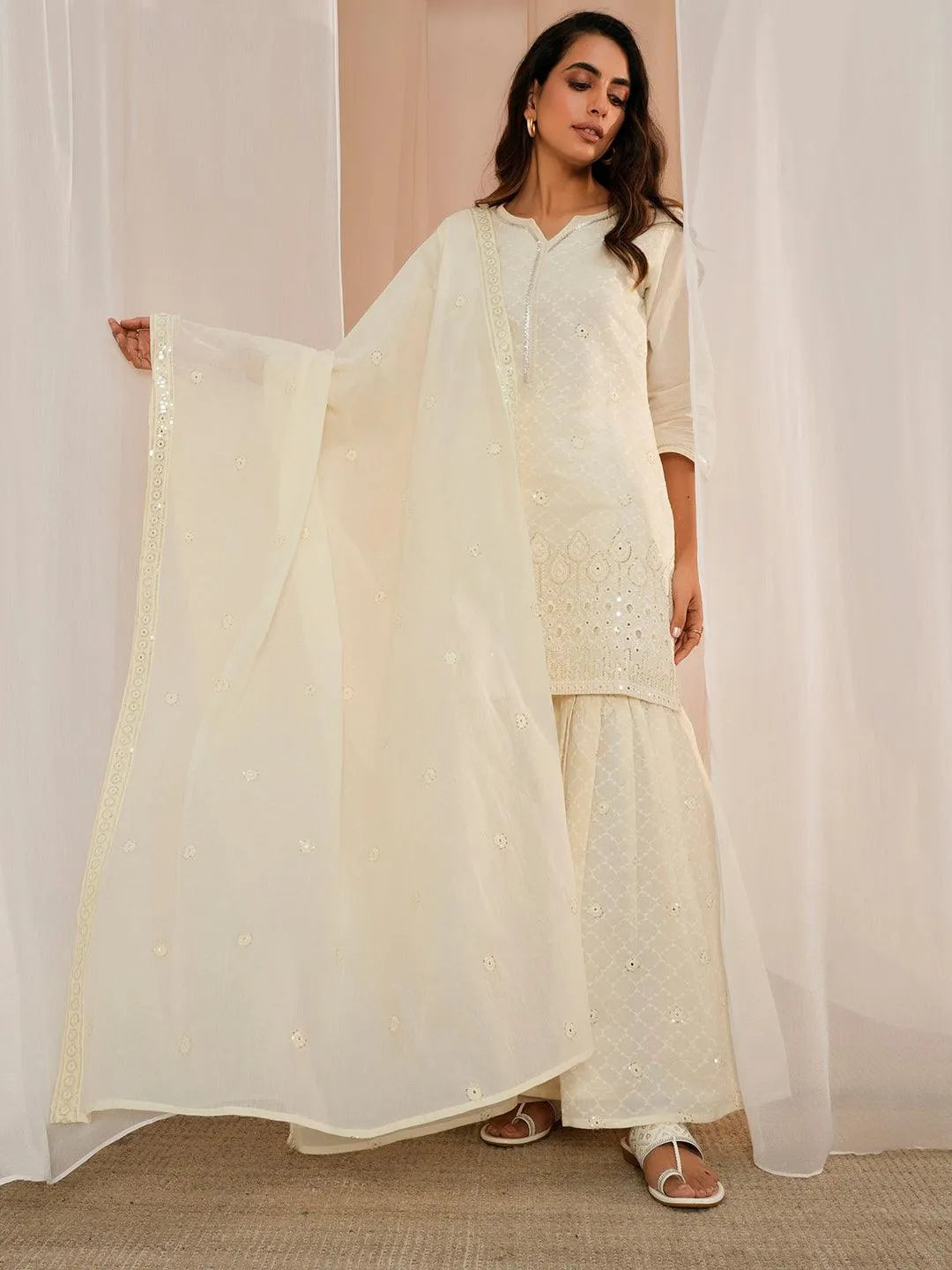 Off White Embroidered Cotton Straight Suit With Dupatta - Libas 