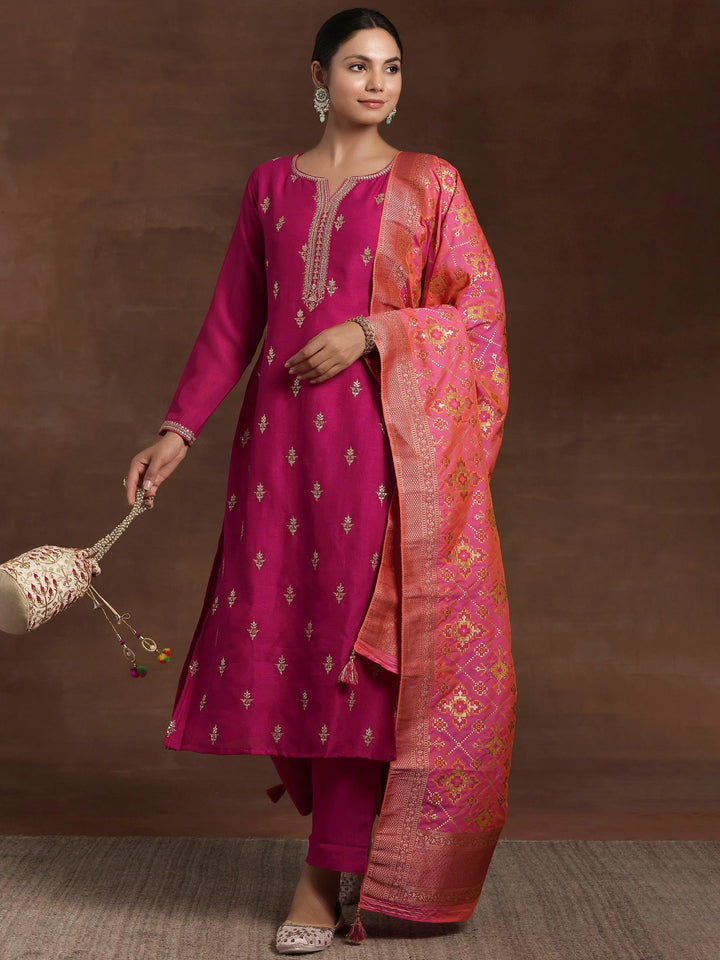 Pink Embroidered Silk Blend Straight Suit With Dupatta - Libas