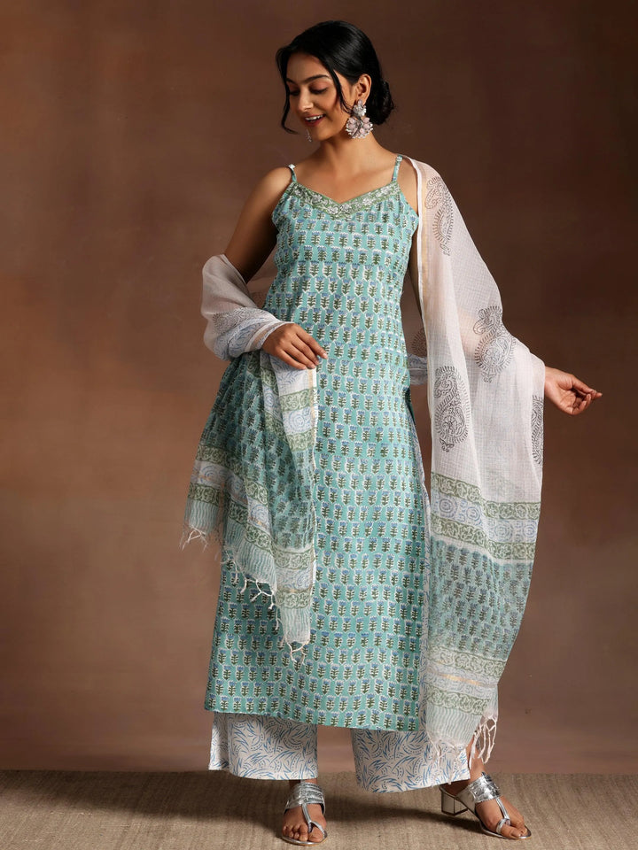 Green Printed Cotton Straight Suit With Dupatta - Libas