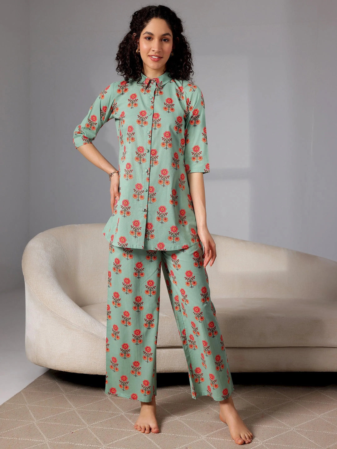 Green Printed Cotton Night Suits - Libas 