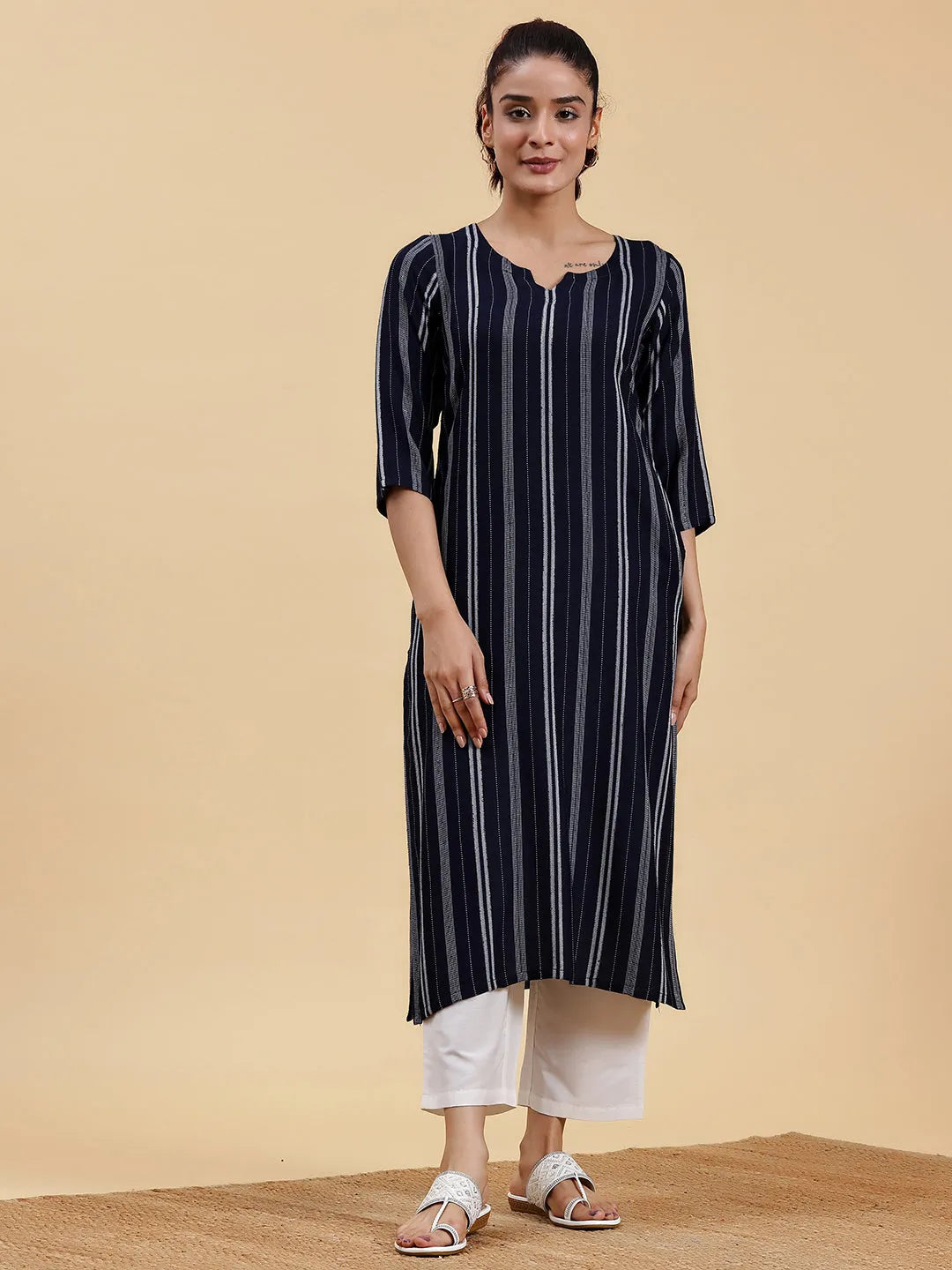 Navy Blue Woven Design Rayon Straight Kurta-image-25