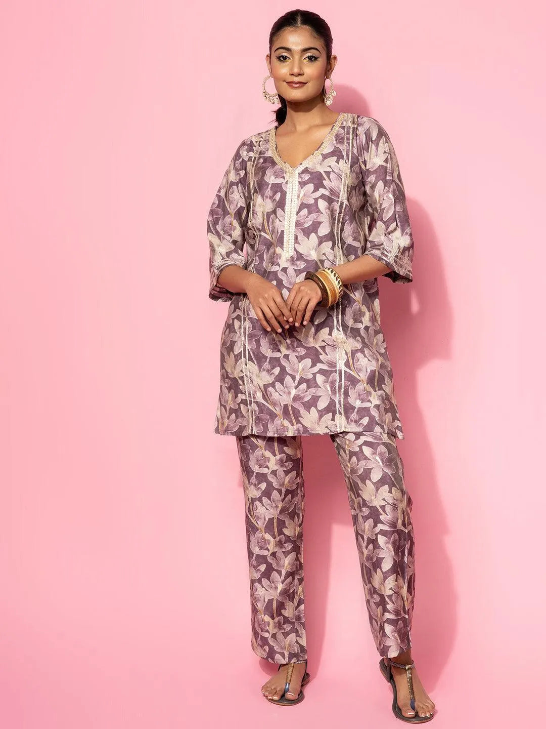 Purple Printed Silk Blend Co-Ords - Libas 