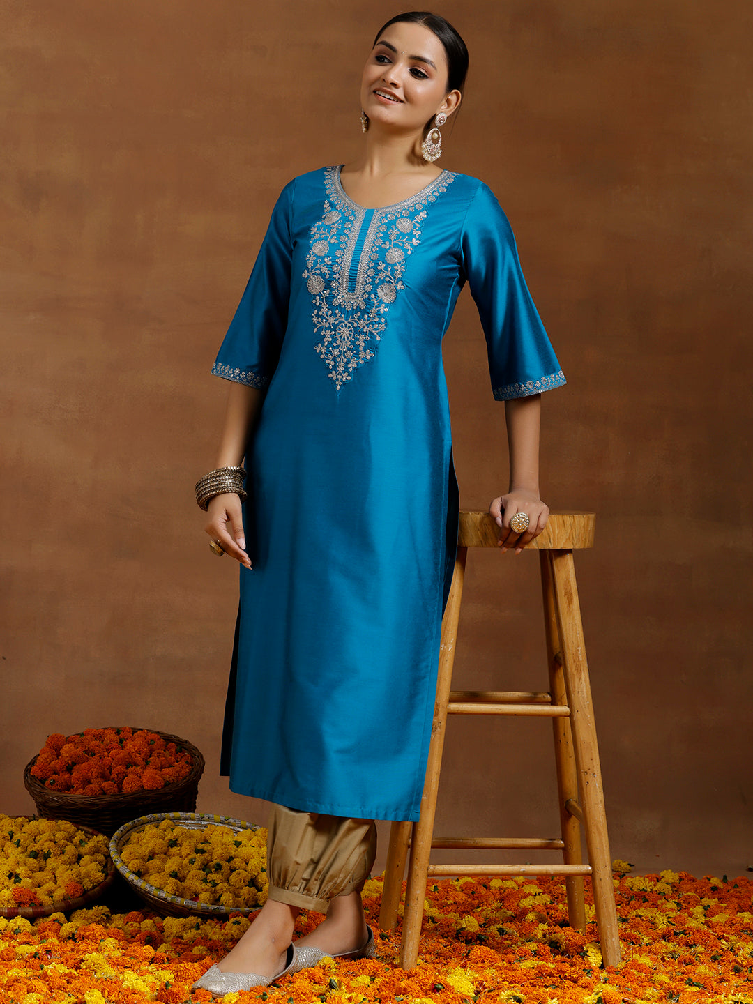 libas Blue Embroidered Silk Straight Kurta-picture-39