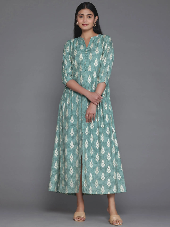 Green Printed Silk Fit and Flare Dress - Libas