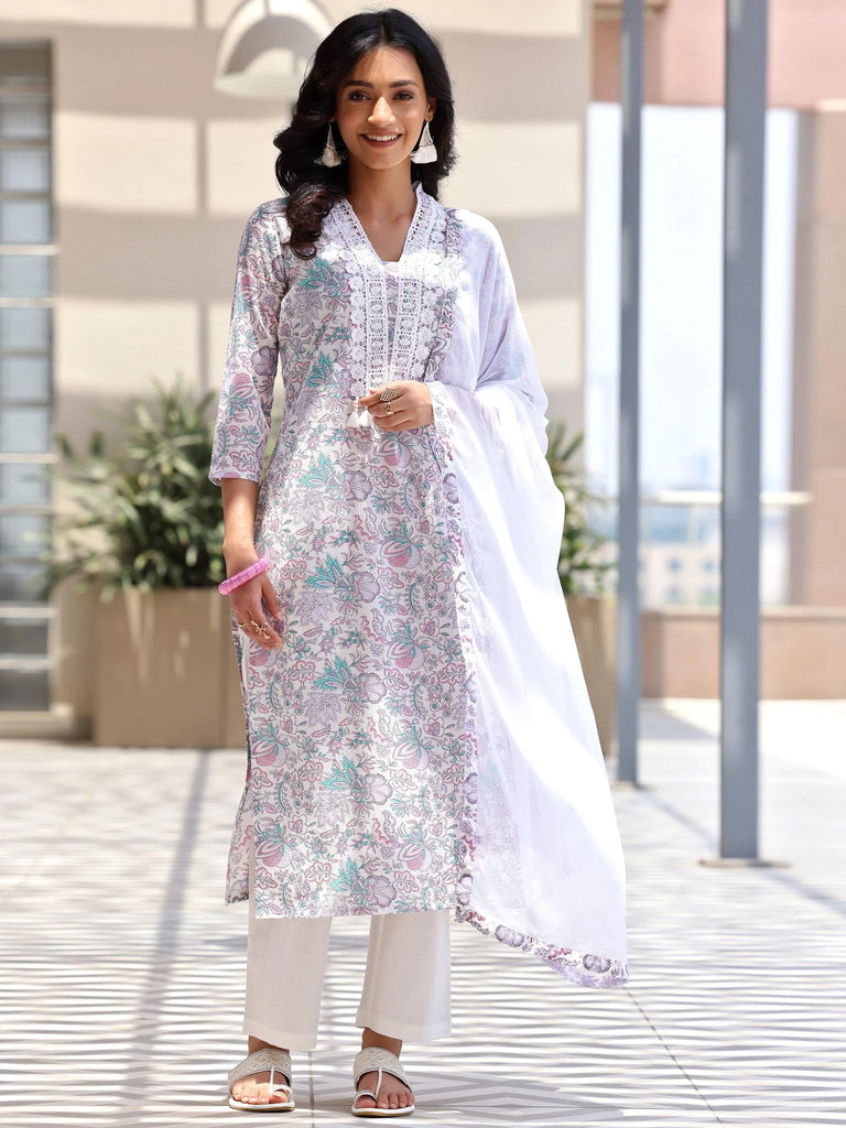 Libas Off White Printed Cotton Straight Suit With Dupatta