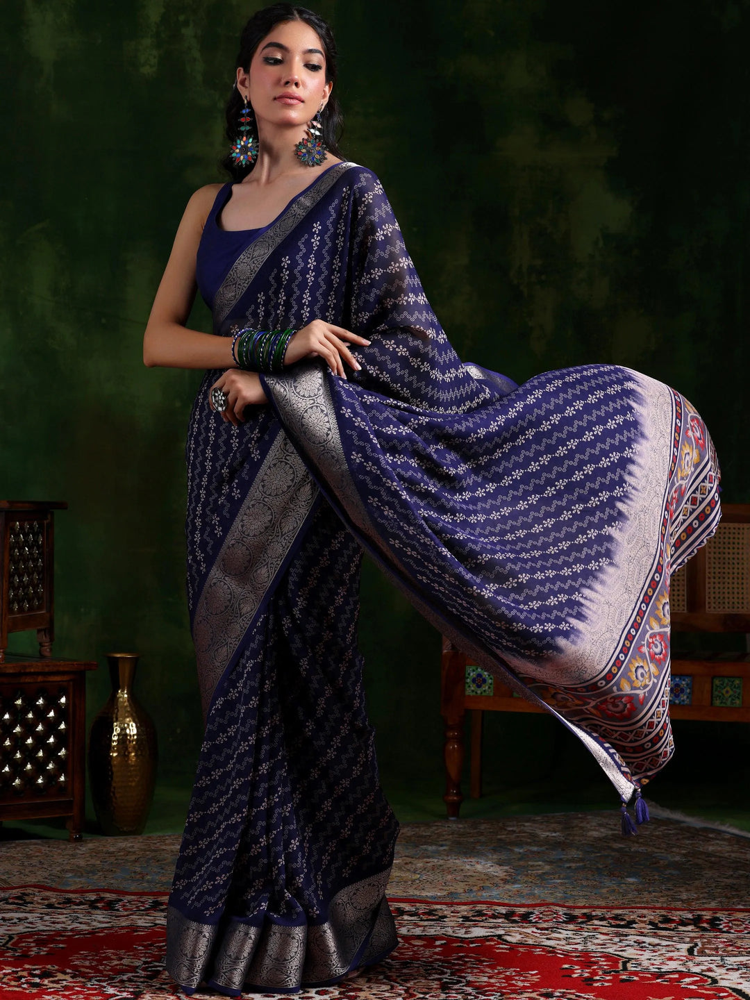 Purple Printed Silk Blend Saree With Unstitched Blouse Piece - Libas 
