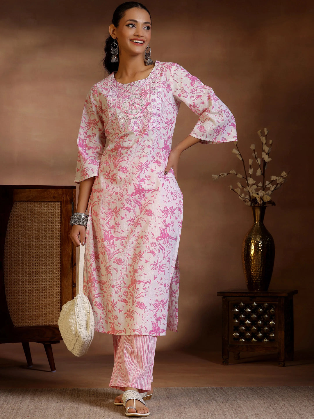 White Printed Cotton Straight Kurta Set