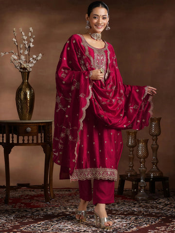 Libas Red Embroidered Silk Blend Straight Suit With Dupatta