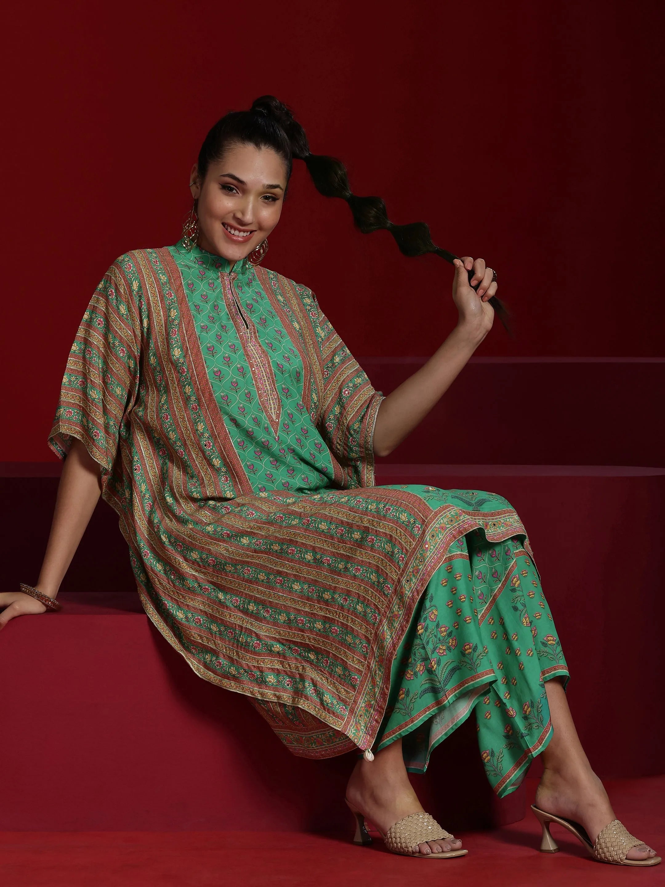 Libas Art Green Printed Silk Blend Straight Kaftan Kurta & Palazzos-picture-25