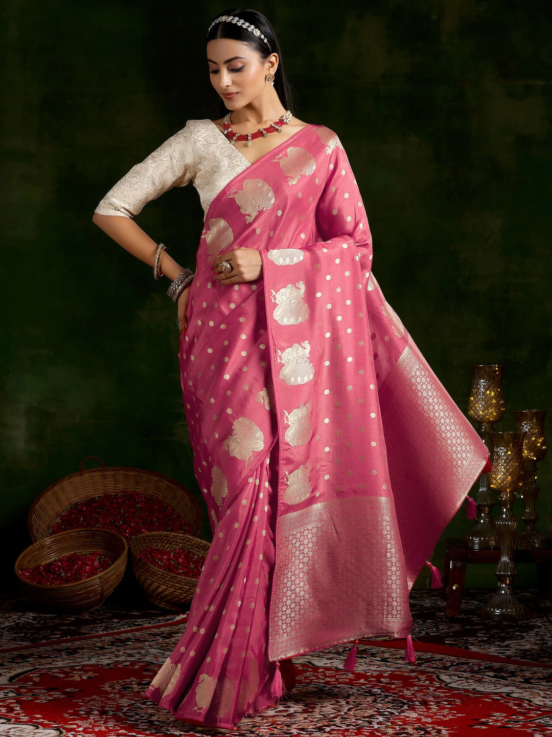  Pink Woven Design Silk Blend Saree With Unstitched Blouse Piece 