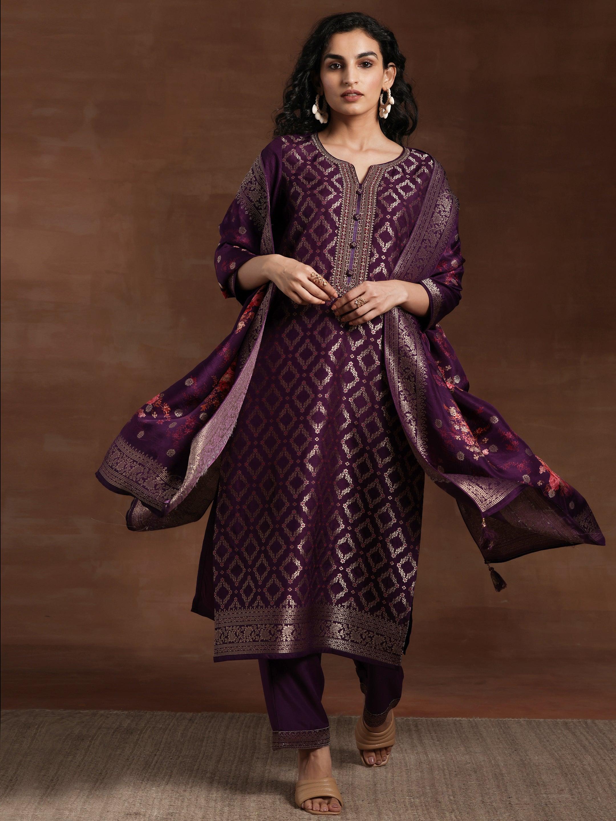 Purple Woven Design Silk Blend Straight Suit With Dupatta