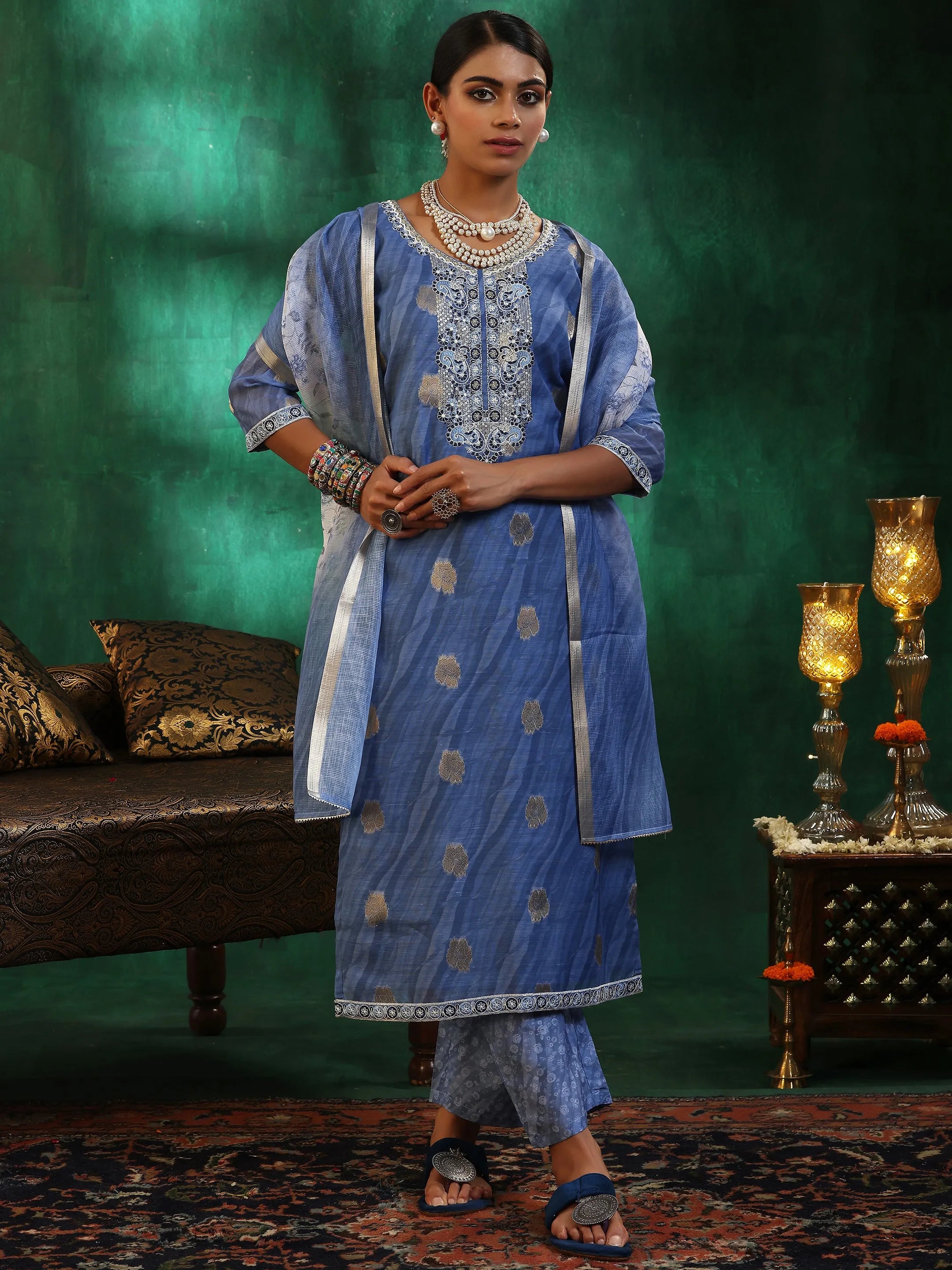 Blue Printed Silk Blend Straight Suit With Dupatta-image-41