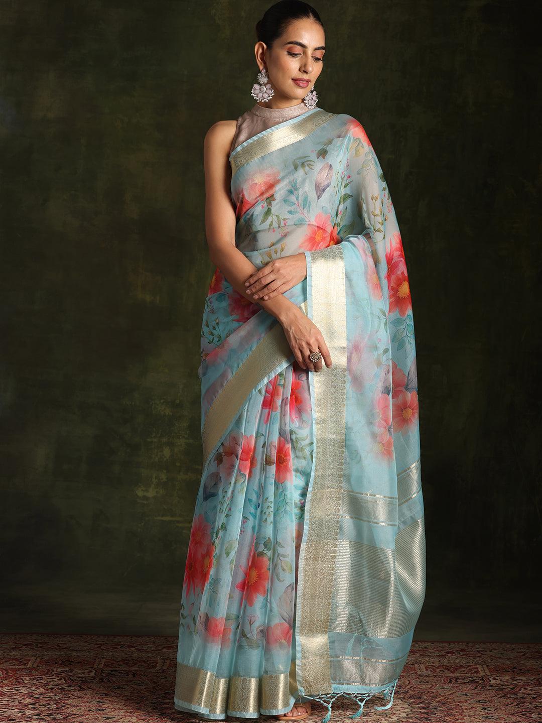 Turquoise Printed Silk Blend Saree With Unstitched Blouse Piece - Libas
