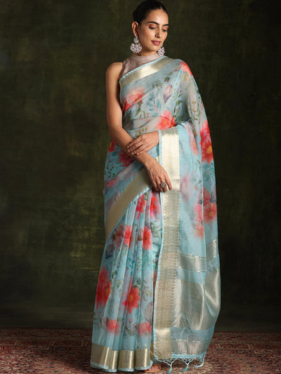 Turquoise Printed Silk Blend Saree With Unstitched Blouse Piece - Libas