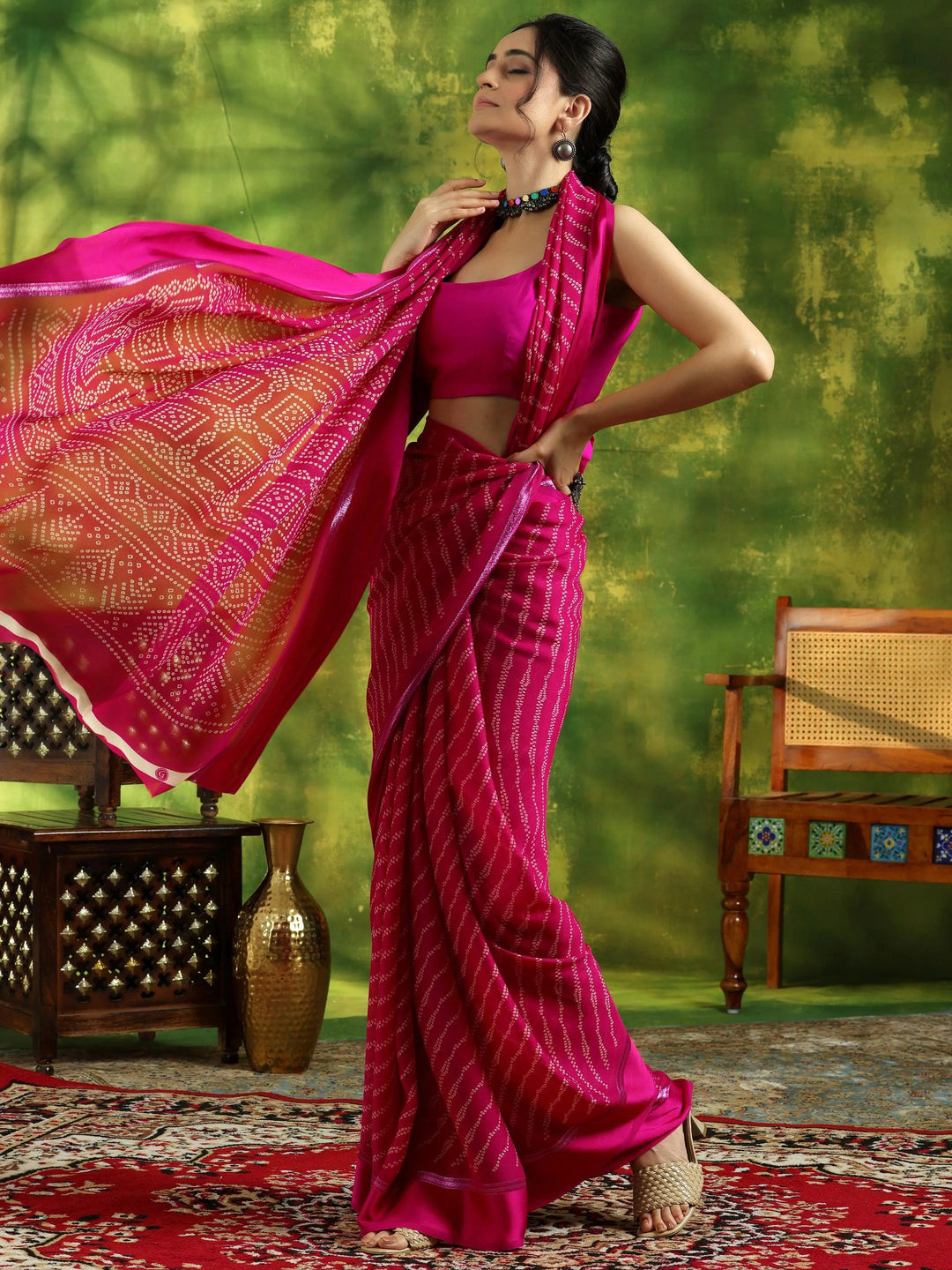  Pink Printed Satin Saree With Unstitched Blouse Piece 