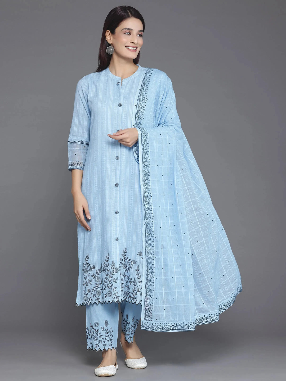  Blue Woven Design Cotton Straight Suit With Dupatta 