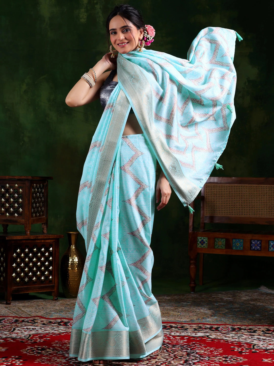 Blue Printed Silk Blend Saree With Unstitched Blouse Piece - Libas 