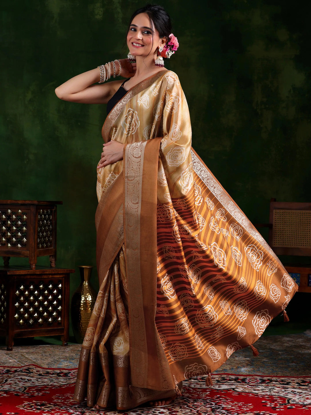  Brown Printed Silk Blend Saree With Unstitched Blouse Piece 