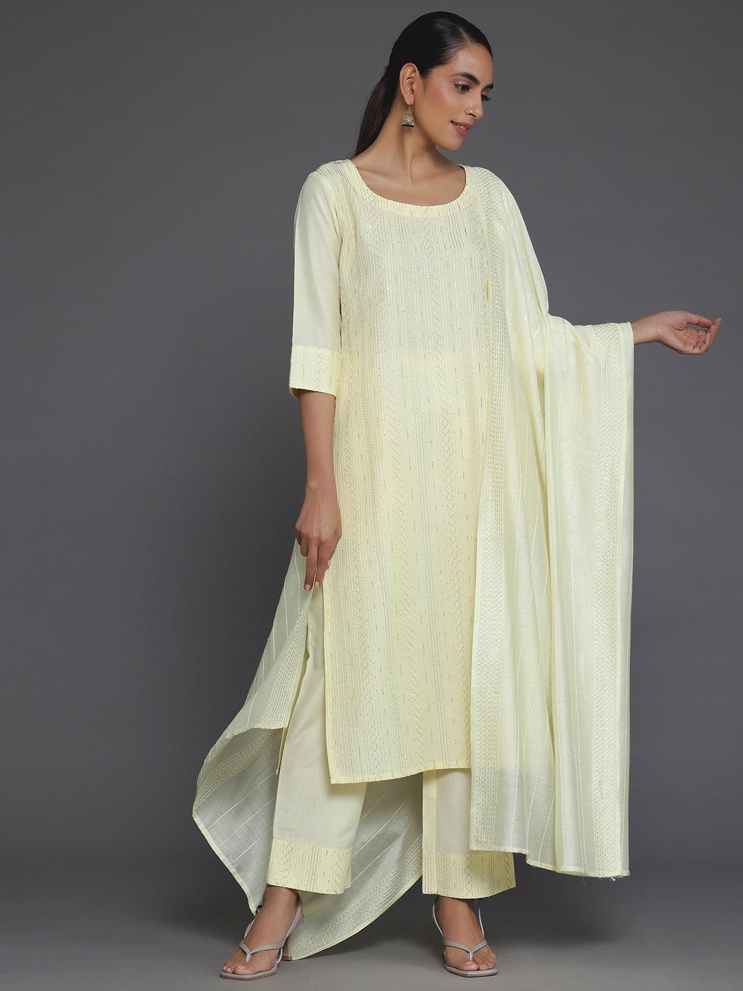 Women Yellow Silk Blend Solid Straight Kurta Palazzos With Dupatta Set