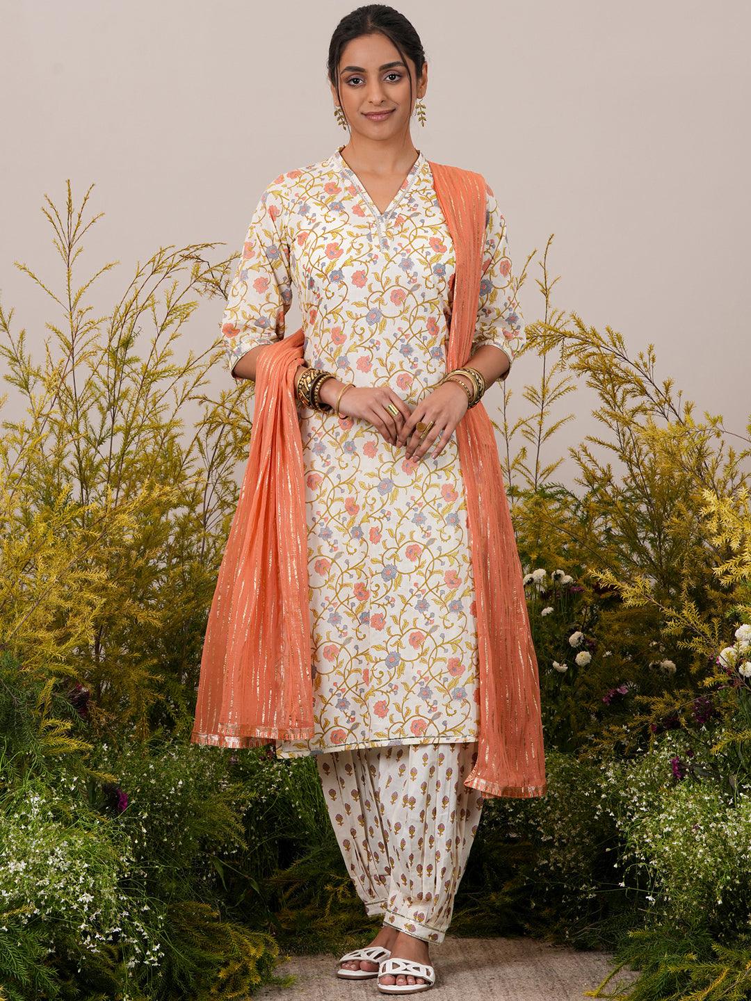  Off White Printed Cotton Straight Suit With Dupatta 