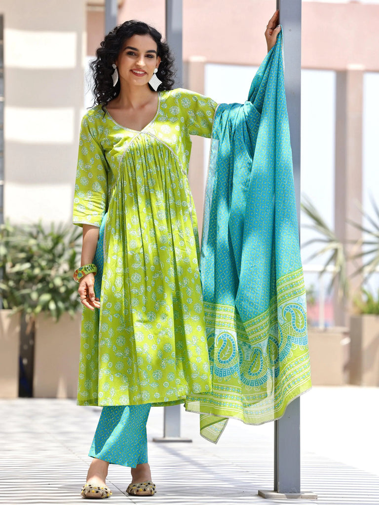 Libas Green Printed Cotton A-Line Kurta With Palazzos & Dupatta