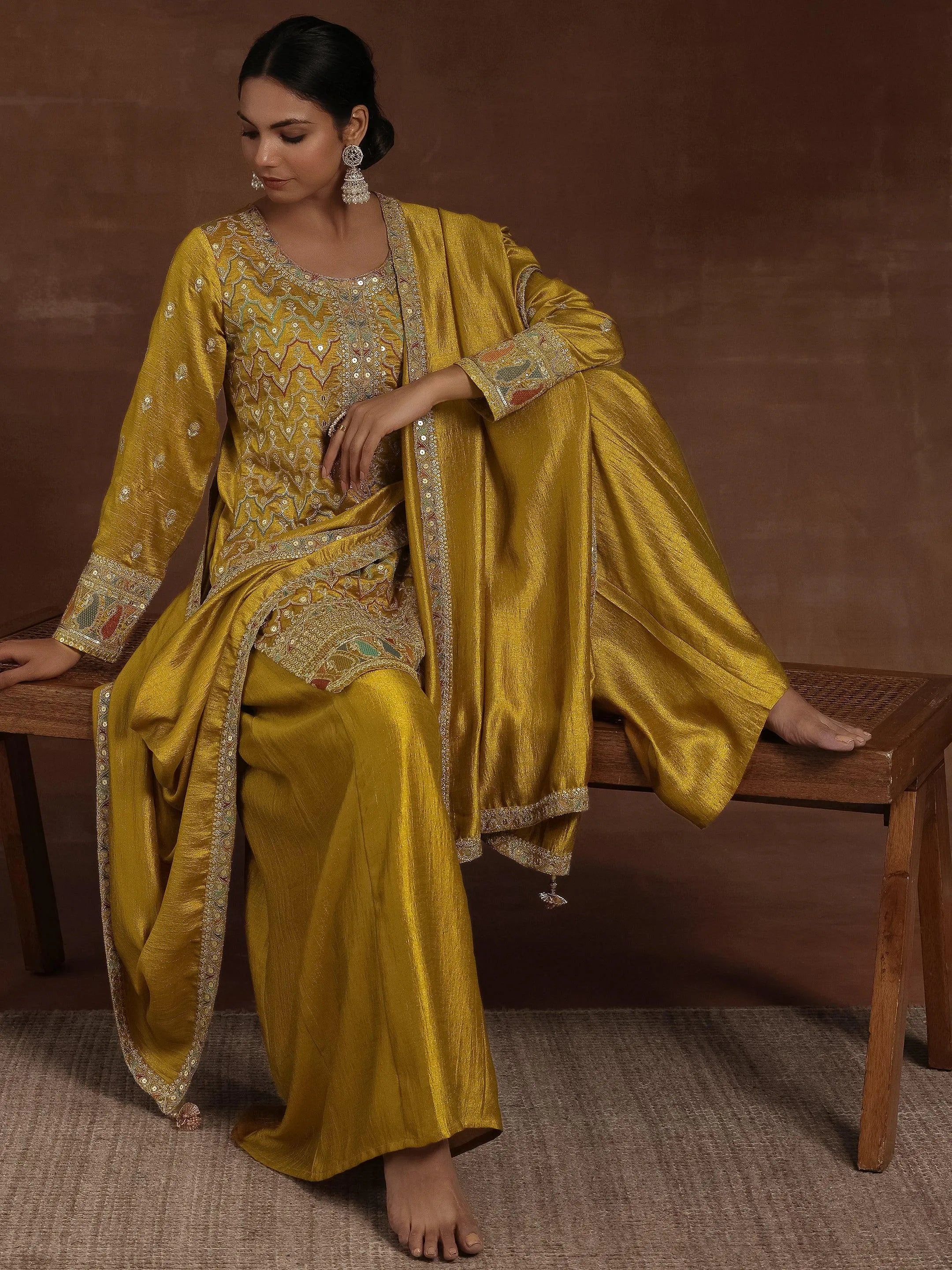 libas Adaa Mustard Embroidered Silk Blend Straight Kurta With Palazzos & Dupatta-picture-66
