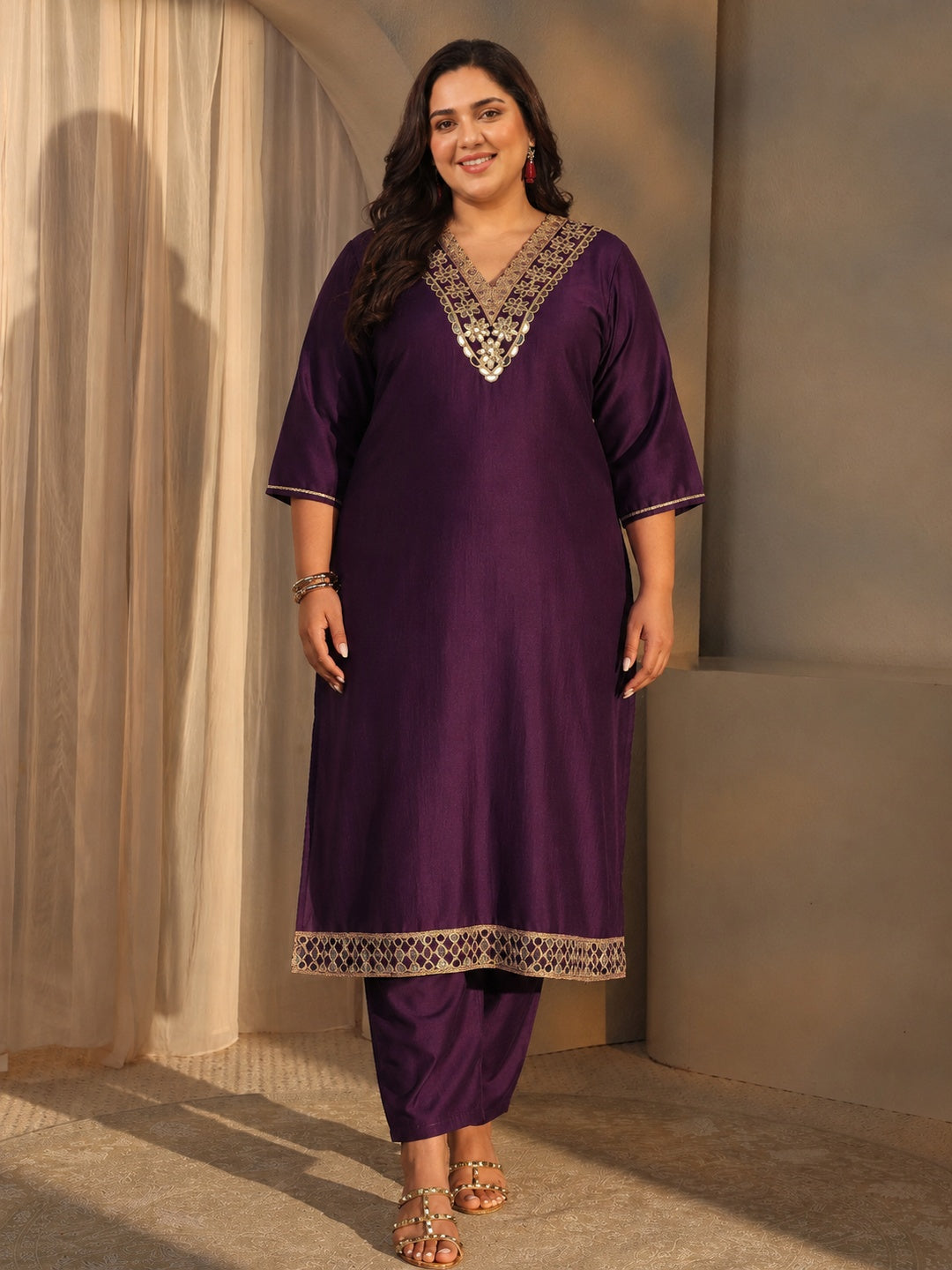  Plus Size Burgundy Yoke Design Silk Blend Straight Suit Set 