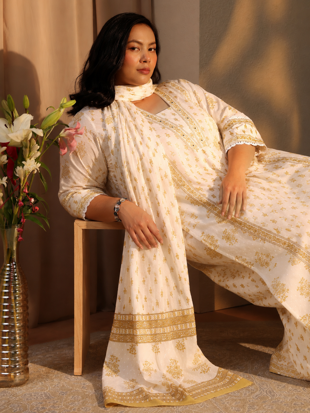  Plus Size White Floral Printed Cotton A-Line Suit Set 