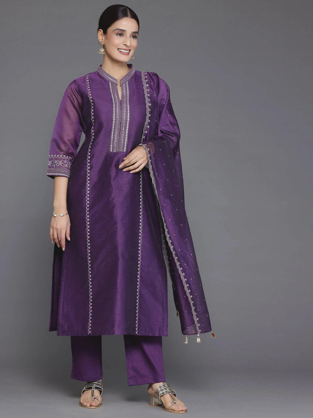 Wine Embroidered Chanderi Silk Straight Suit With Dupatta - Libas 