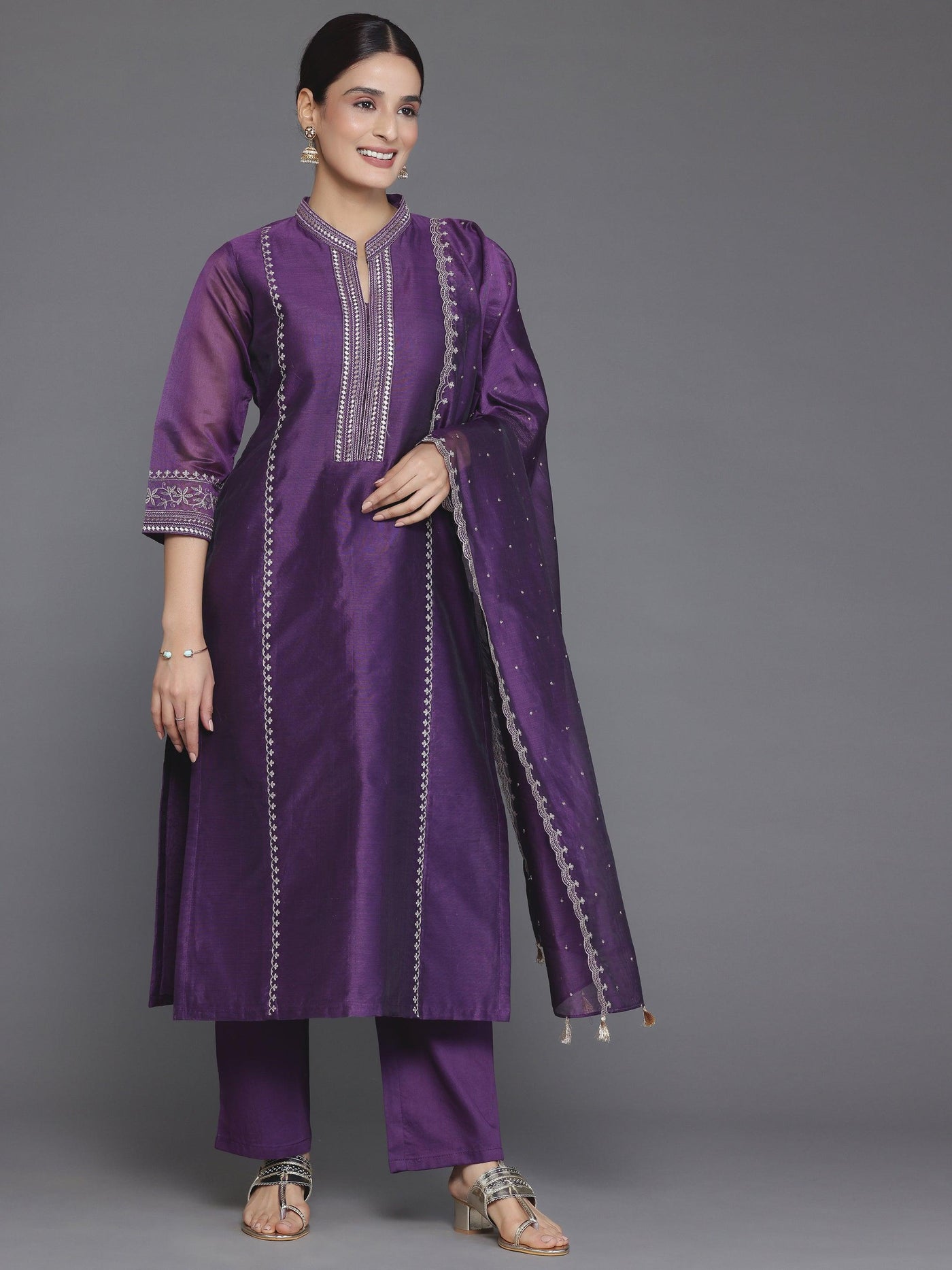 Wine Embroidered Chanderi Silk Straight Suit With Dupatta - Libas