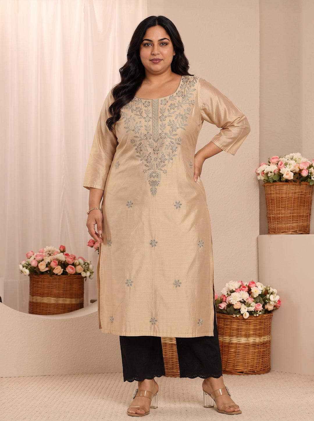  Plus Size Beige Floral Embroidered Chanderi Silk Straight Kurta 