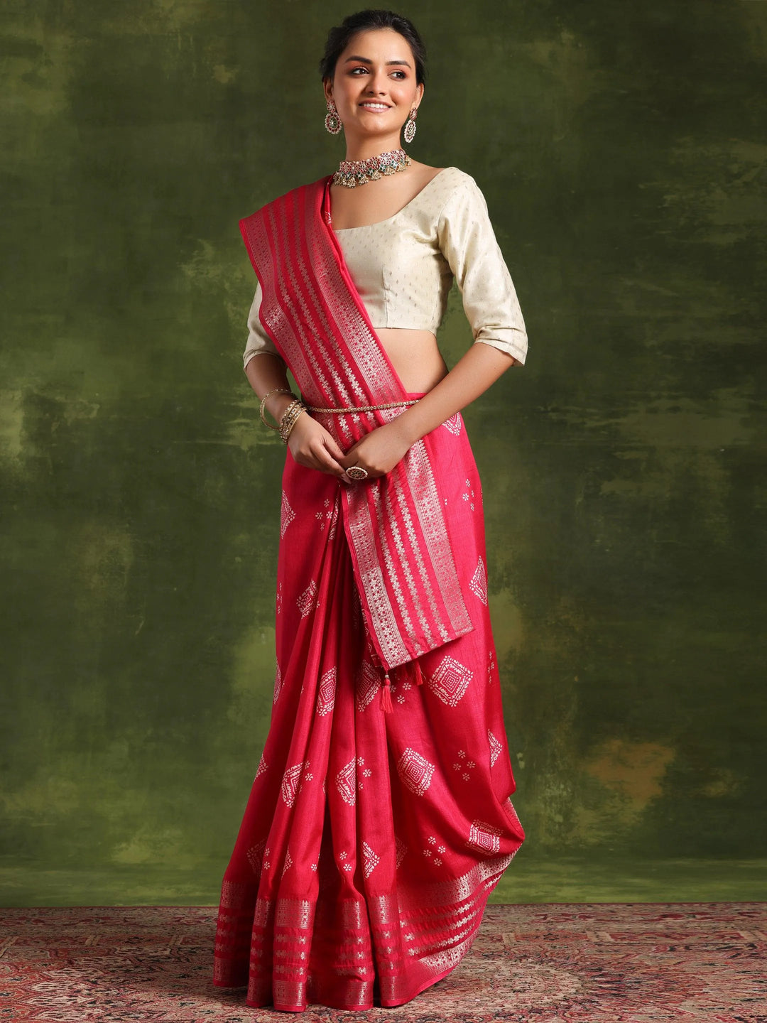 Pink Printed Silk Blend Saree With Unstitched Blouse Piece - Libas 