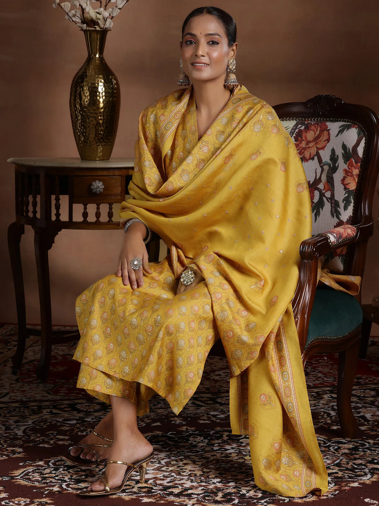 Libas Mustard Printed Silk Blend Straight Suit With Dupatta