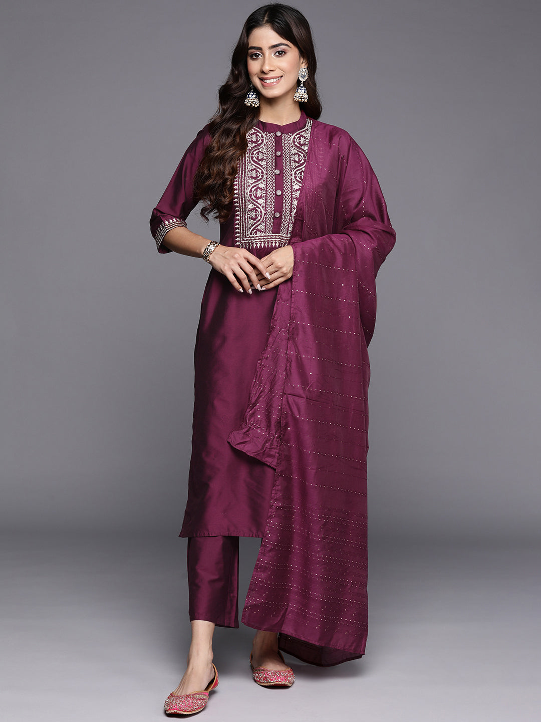 libas Burgundy Yoke Design Silk Blend Straight Suit With Dupatta-picture-61