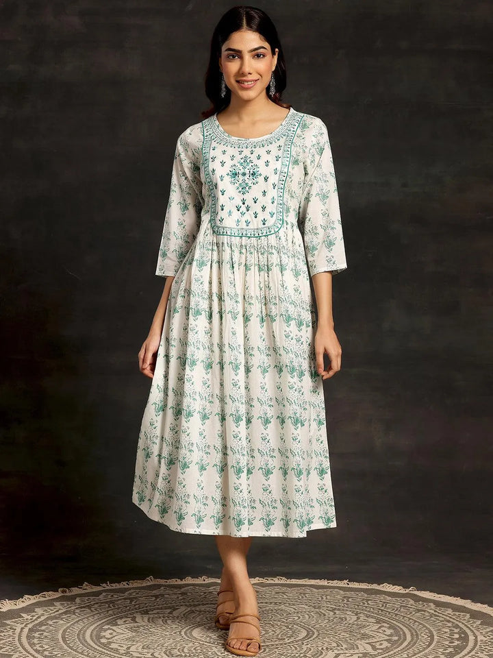 White Printed Cotton A-Line Dress - Libas