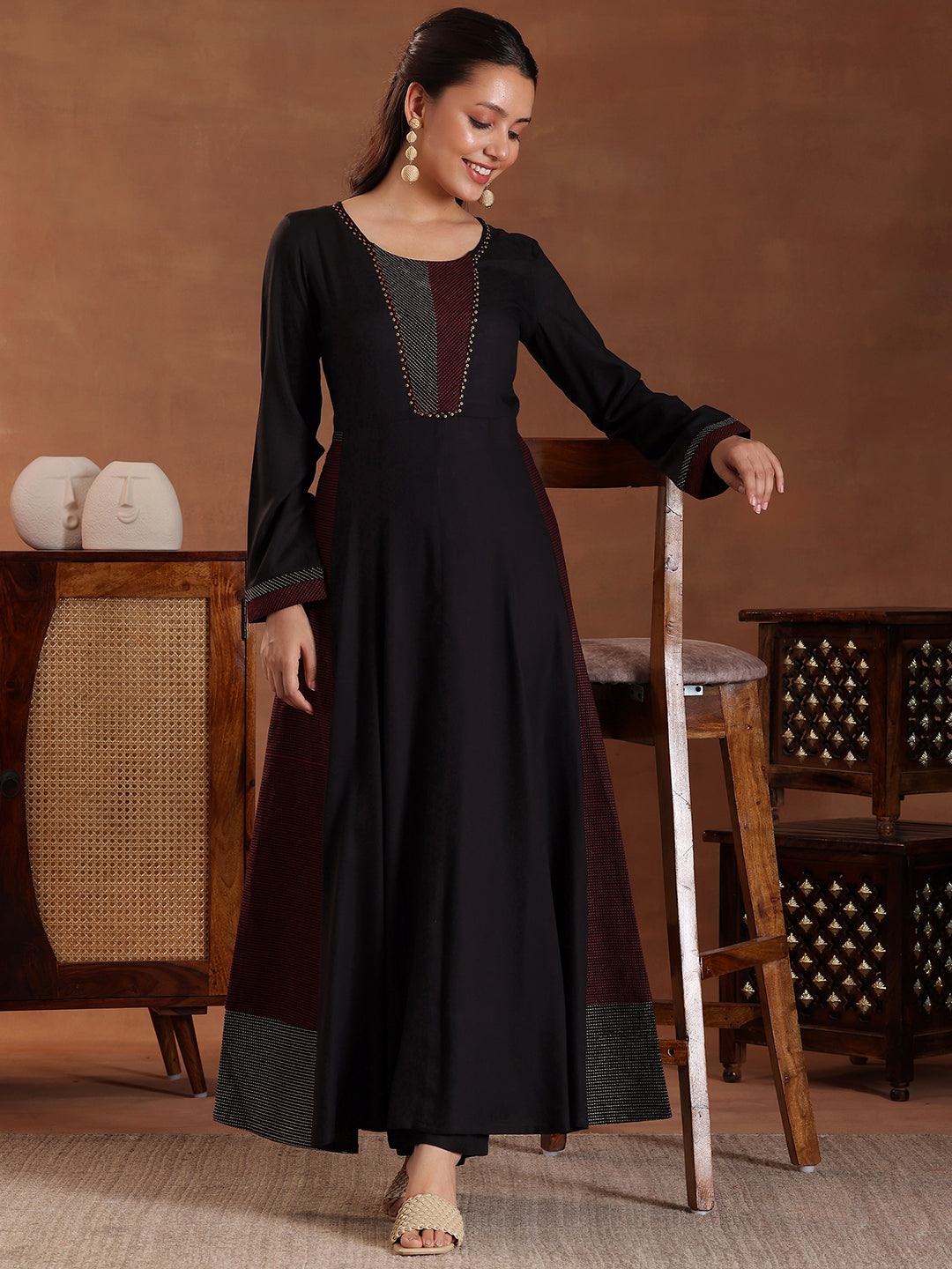 Black Self Design Pure Viscose Rayon A-Line Kurta Set-image-35