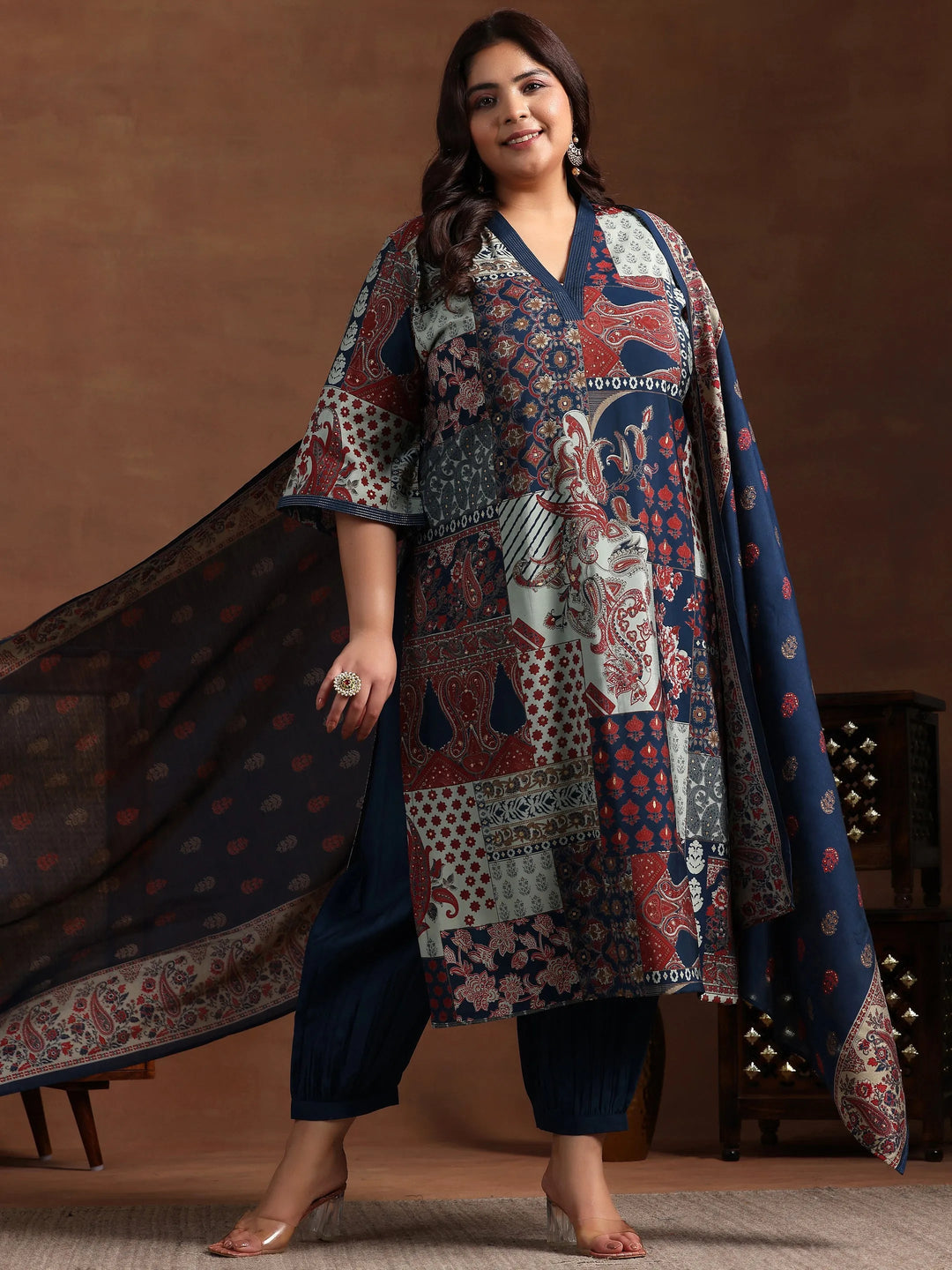 Plus Size Blue Printed Silk Blend Straight Suit With Dupatta