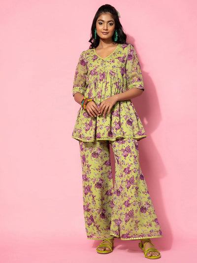 Green Printed Georgette Co-Ords