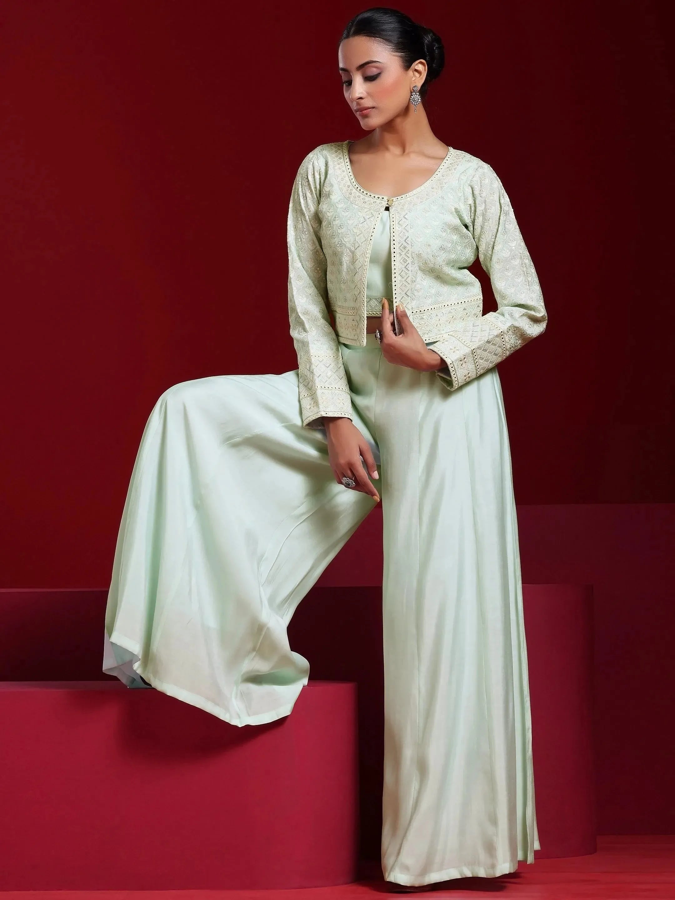 Libas Art Sea Green Solid Silk Blend 3 Piece Co-Ords-picture-44