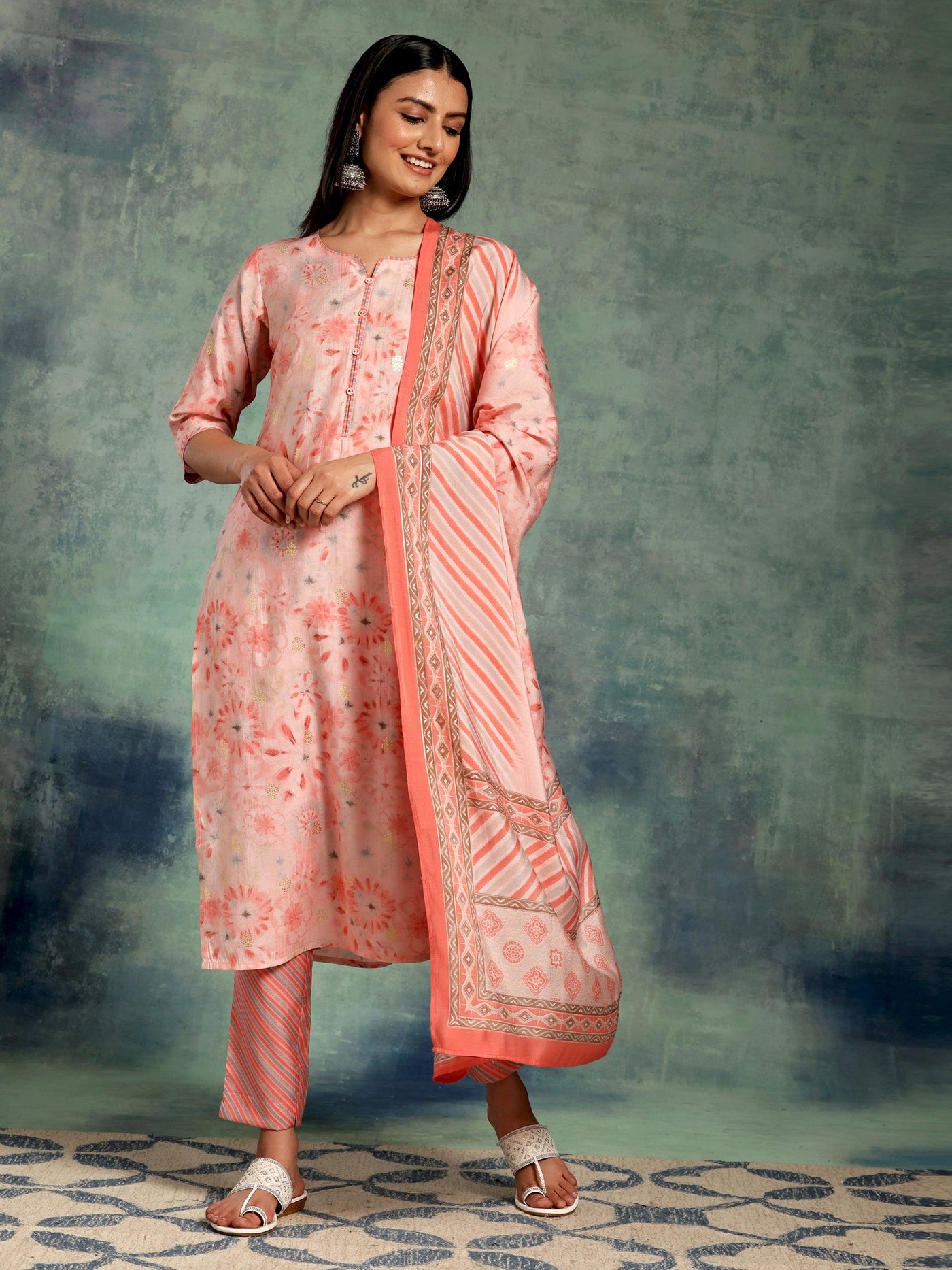 Peach Printed Silk Blend Straight Suit With Dupatta - Libas