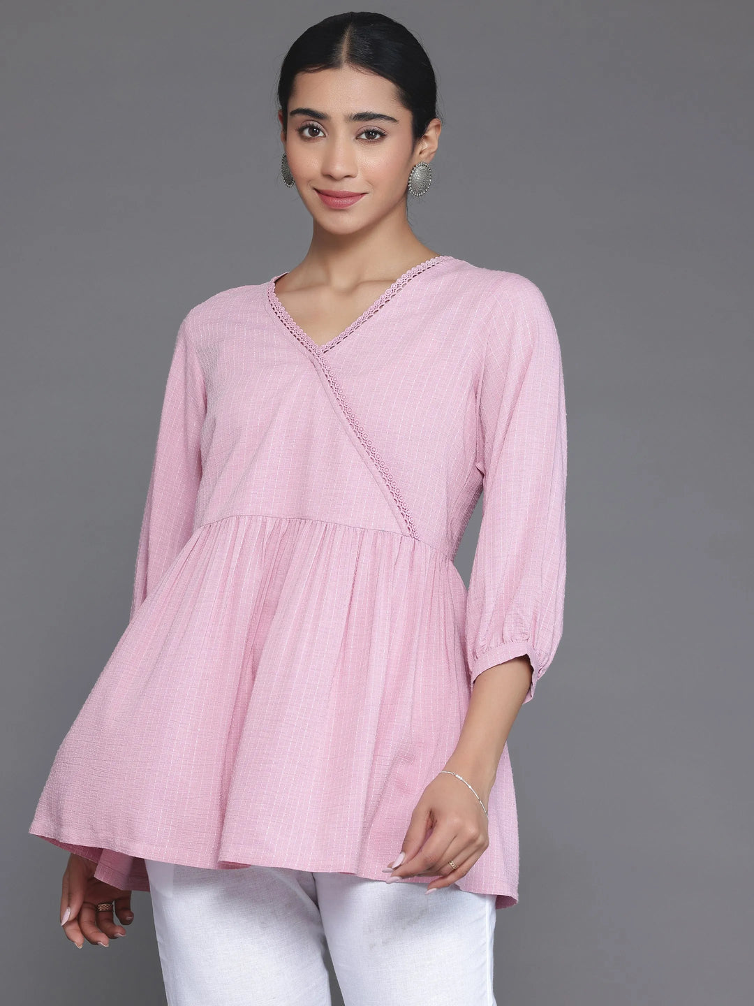  Pink Woven Design Cotton Blend A-Line Kurti 