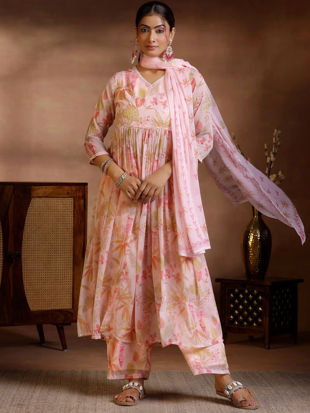  Pink Printed Poly Chiffon A-Line Kurta With Palazzos & Dupatta 