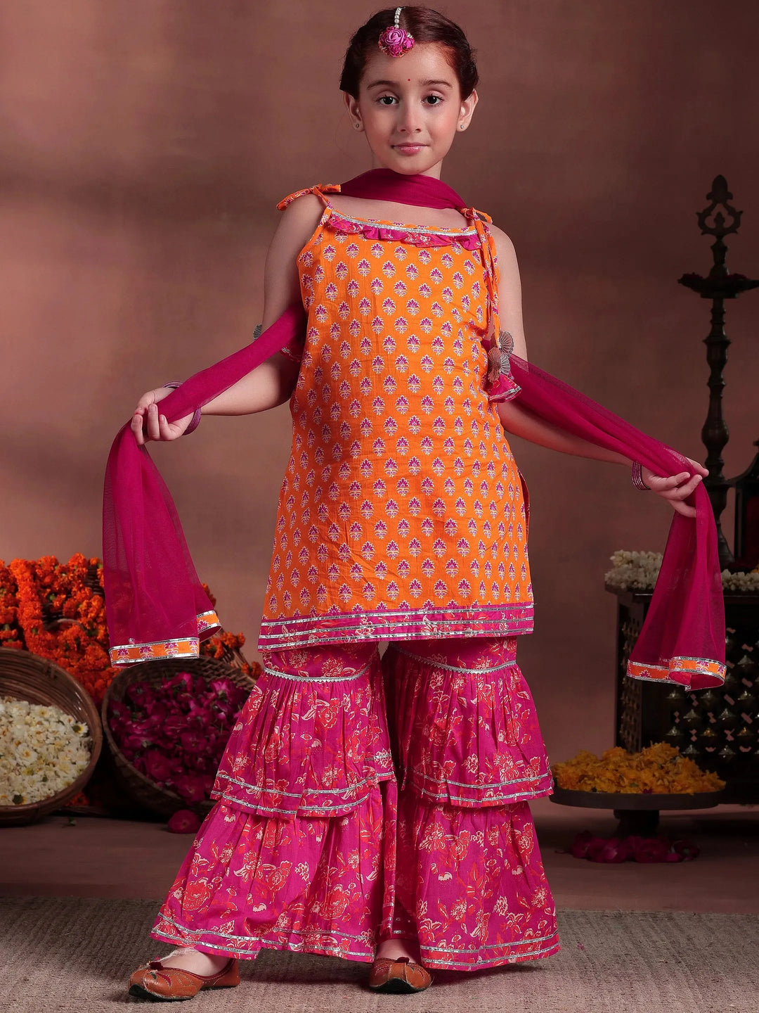  Kids Orange Printed Cotton Straight Suit With Dupatta 