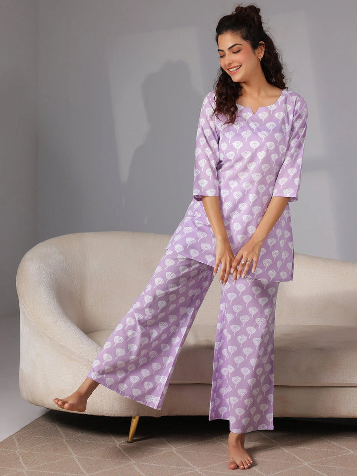 Lavender Printed Cotton Night Suits - Libas