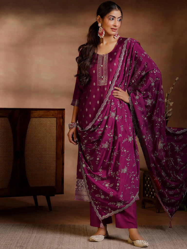 Libas Burgundy Woven Design Silk Blend Straight Suit With Dupatta
