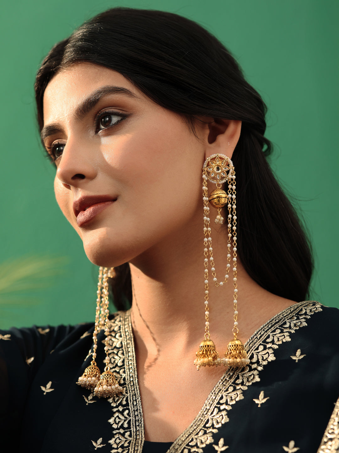  Libas Gold-Tone Long Chain Kashmiri Earrings with Jhumki Drops 
