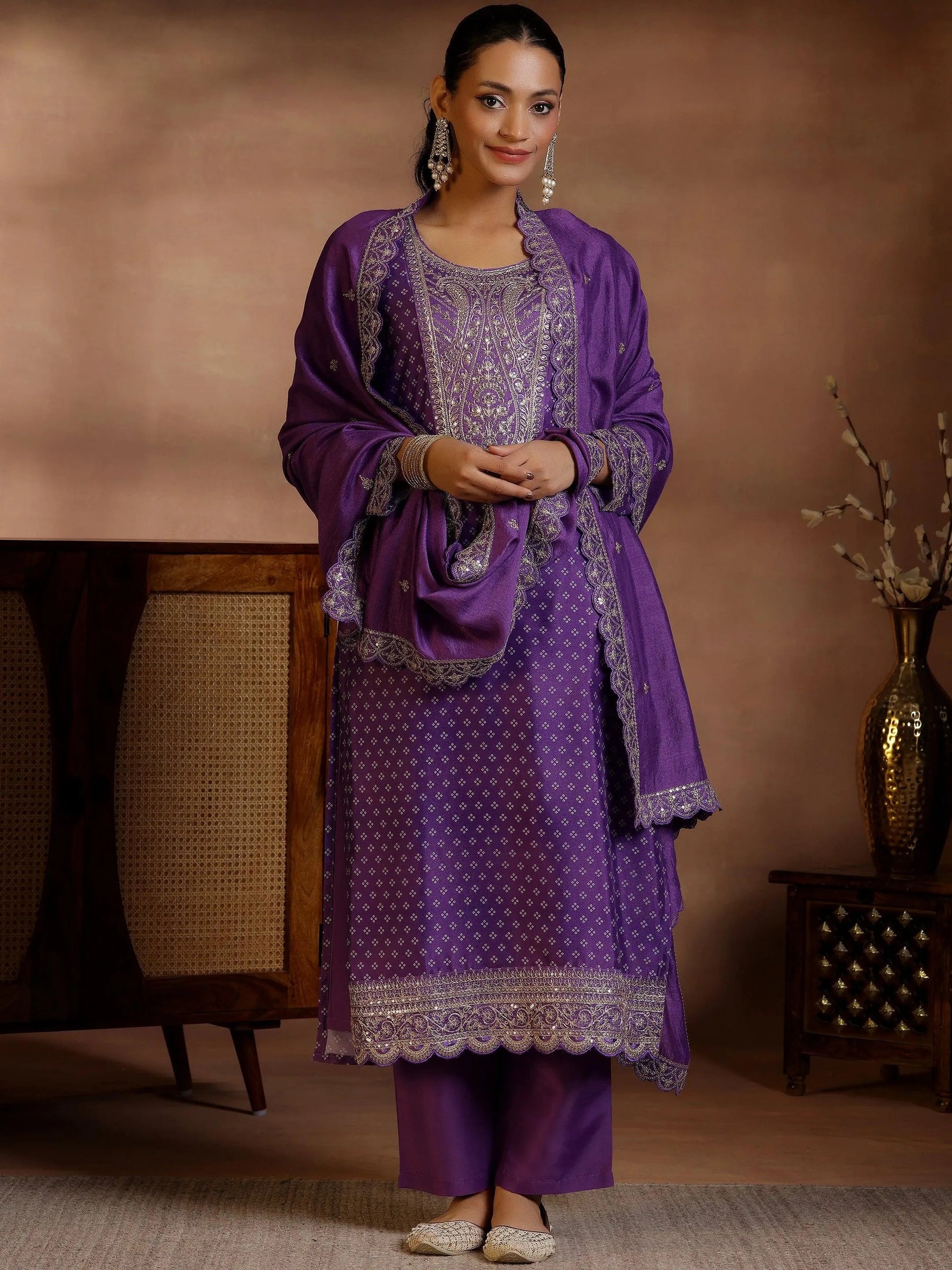 Purple Woven Design Cotton Straight Kurta