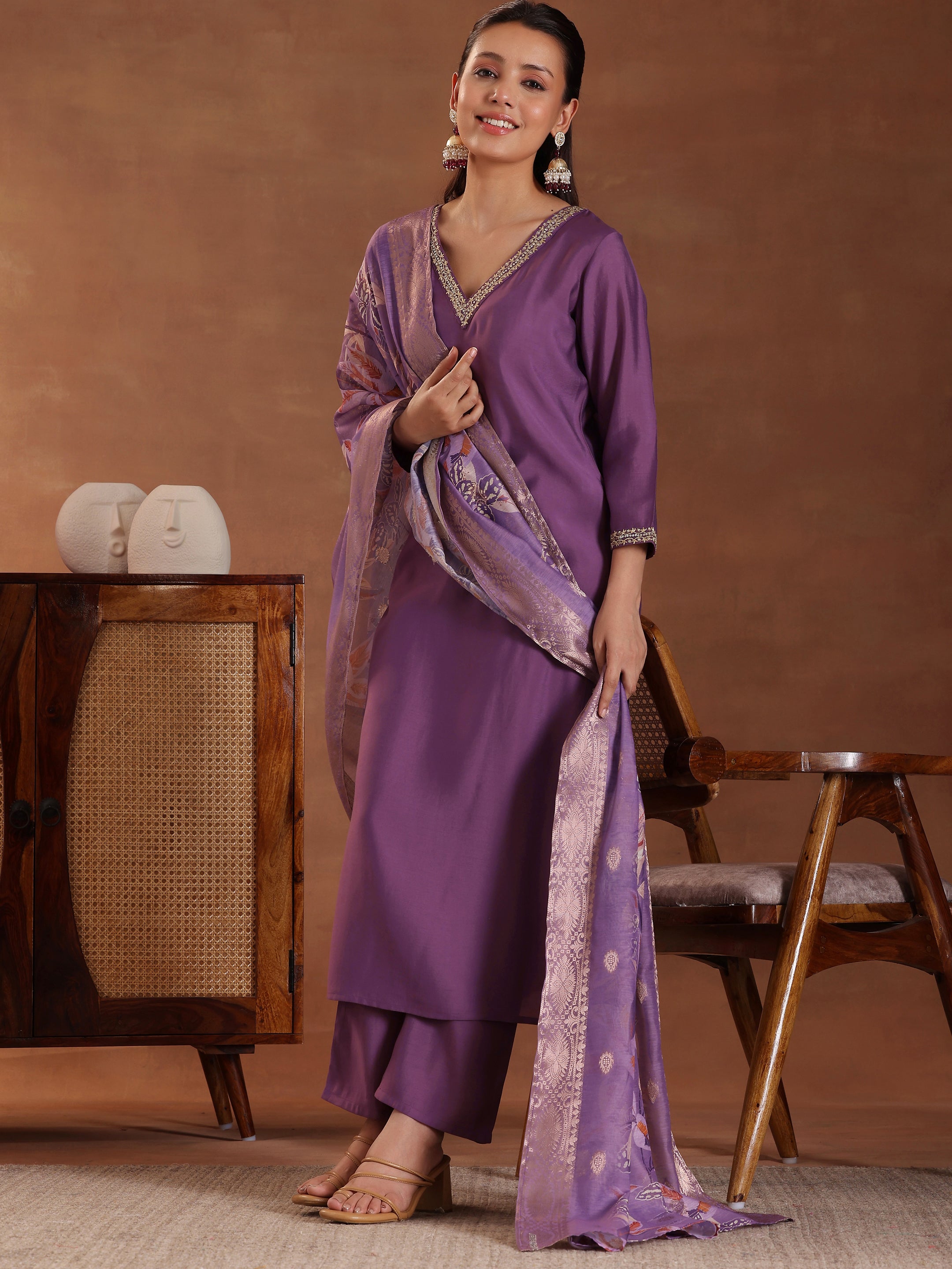 Purple Solid Silk Blend Straight Suit With Dupatta-image-0